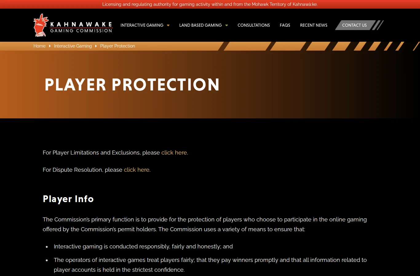 Kahnawake Gaming Commission player protection page describing fund segregation and KYC rules