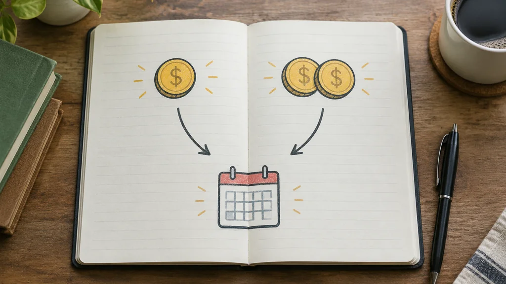 Notebook sketch comparing plain bonus and deposit plus bonus timelines